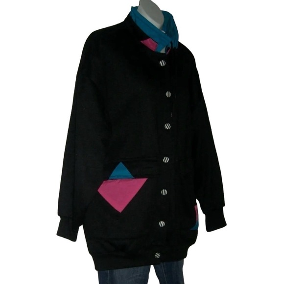 Vintage 80s Jacket Current Seen Black Geometric Stranger Things Mixed Media Pink - Picture 3 of 15